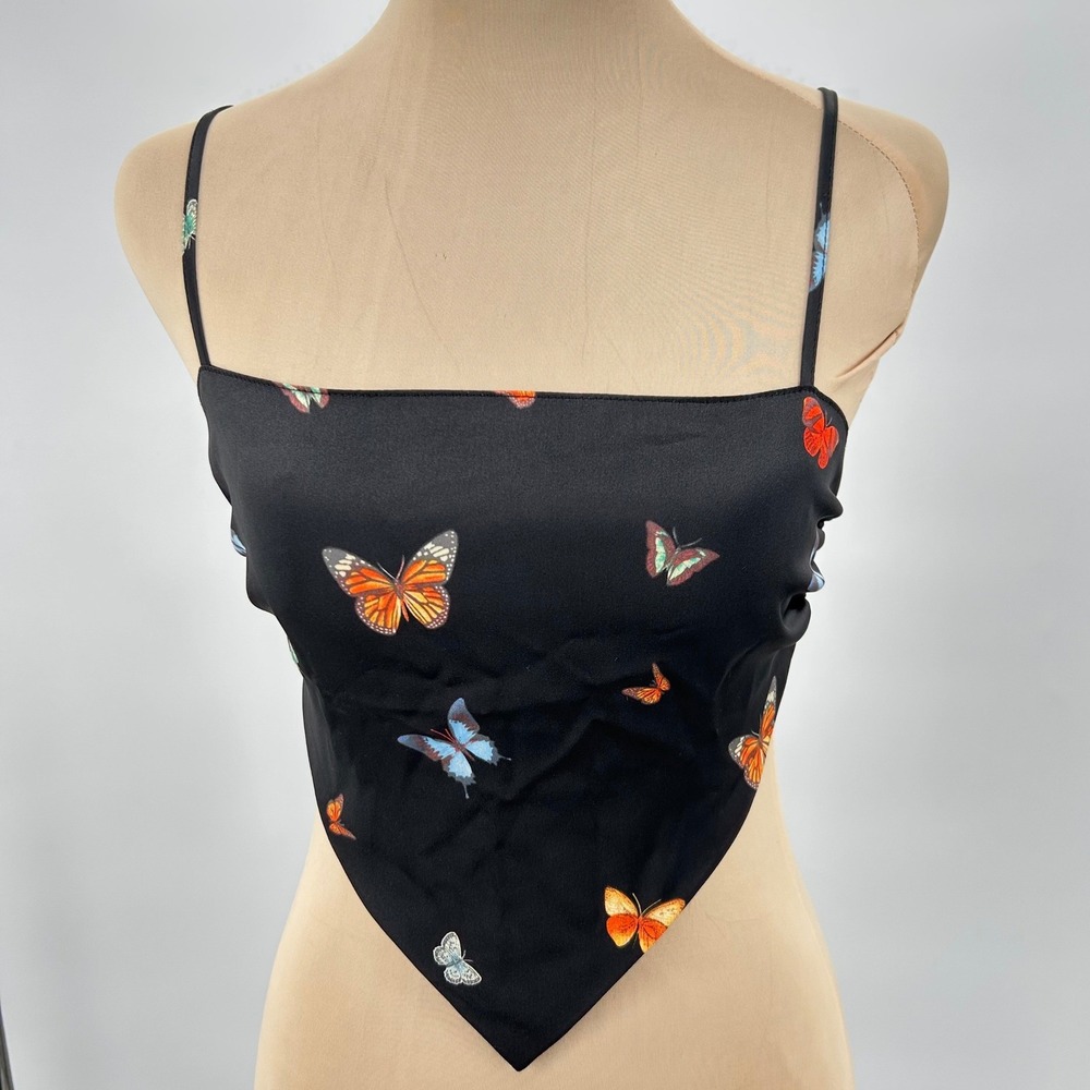 Forever 21 Wome Black Butterfly Print Satin Handkerchief Tie Back Crop Top Small
